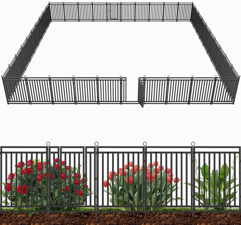 Decorative Metal Garden Fence 92ft L x 40in H, 35 Panels + 5 Gates, Black-Silver