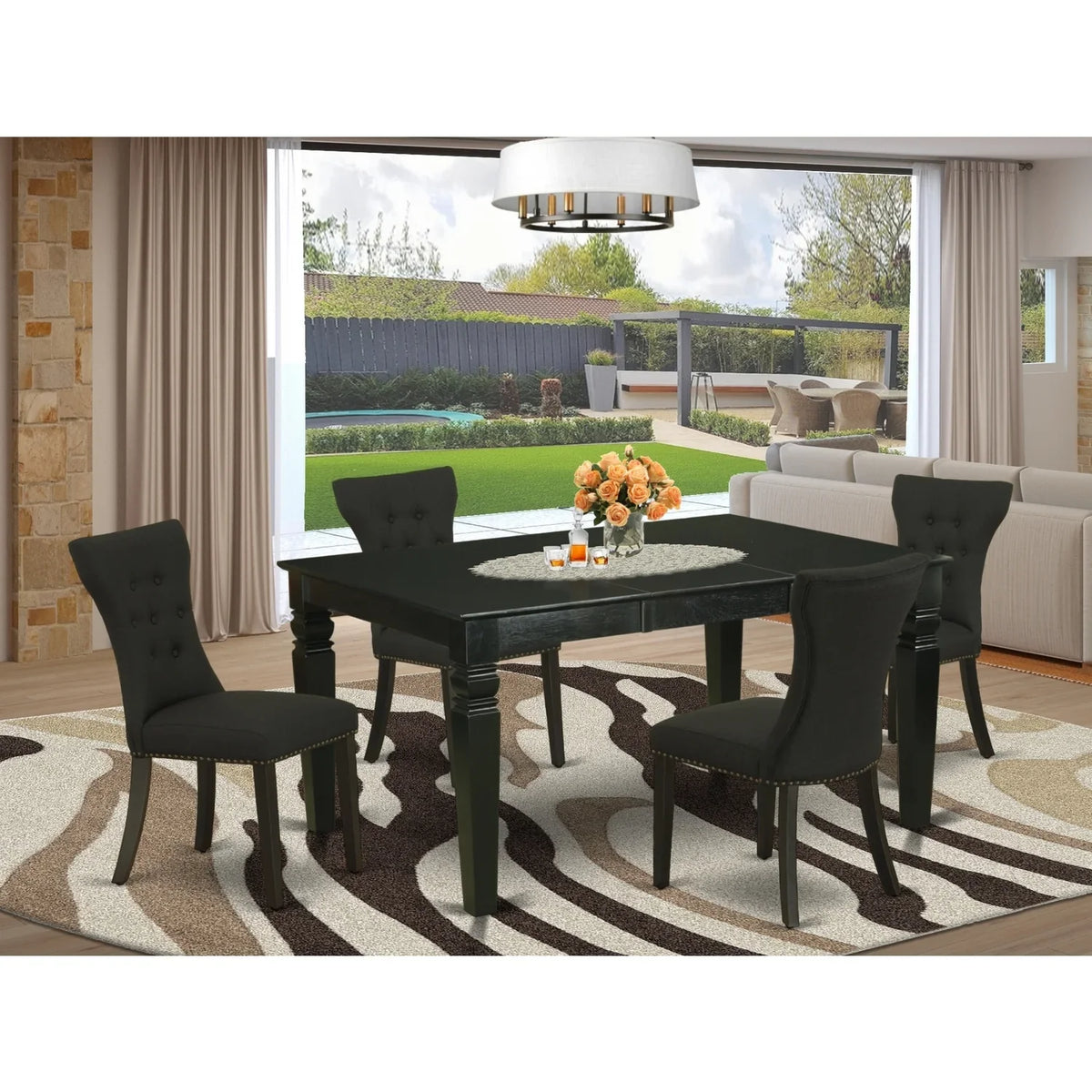 HomeStock Rustic Retreat Furniture 5-Piece Dining Set With 4 Parson Chairs, Butterfly Leaf Table, Hardwood Frame, Black - Wega5-Blk-24