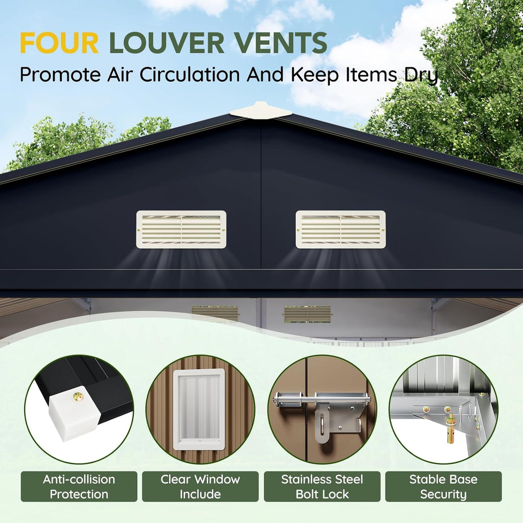 Breezz Outdoor Metal Storage Shed 10 x 12ft Brown - Lockable Doors And Windows