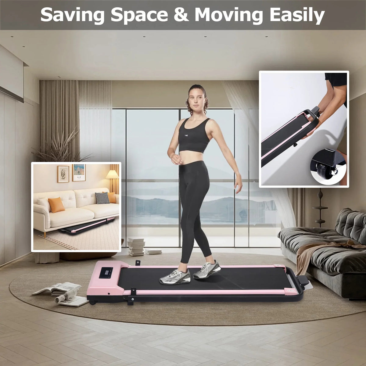 BITOUSHI Under Desk Walking Pad Treadmill 2 In 1, 3.0HP, 220 Lb Capacity - Pink