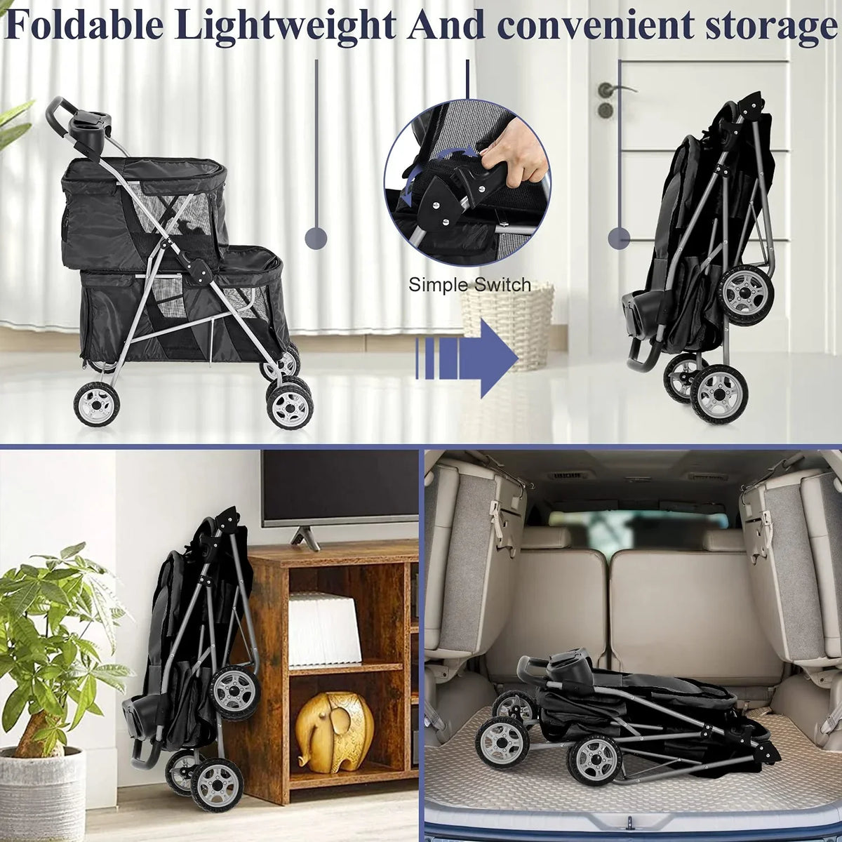 4-Wheel Foldable Pet Stroller With 2 Cages