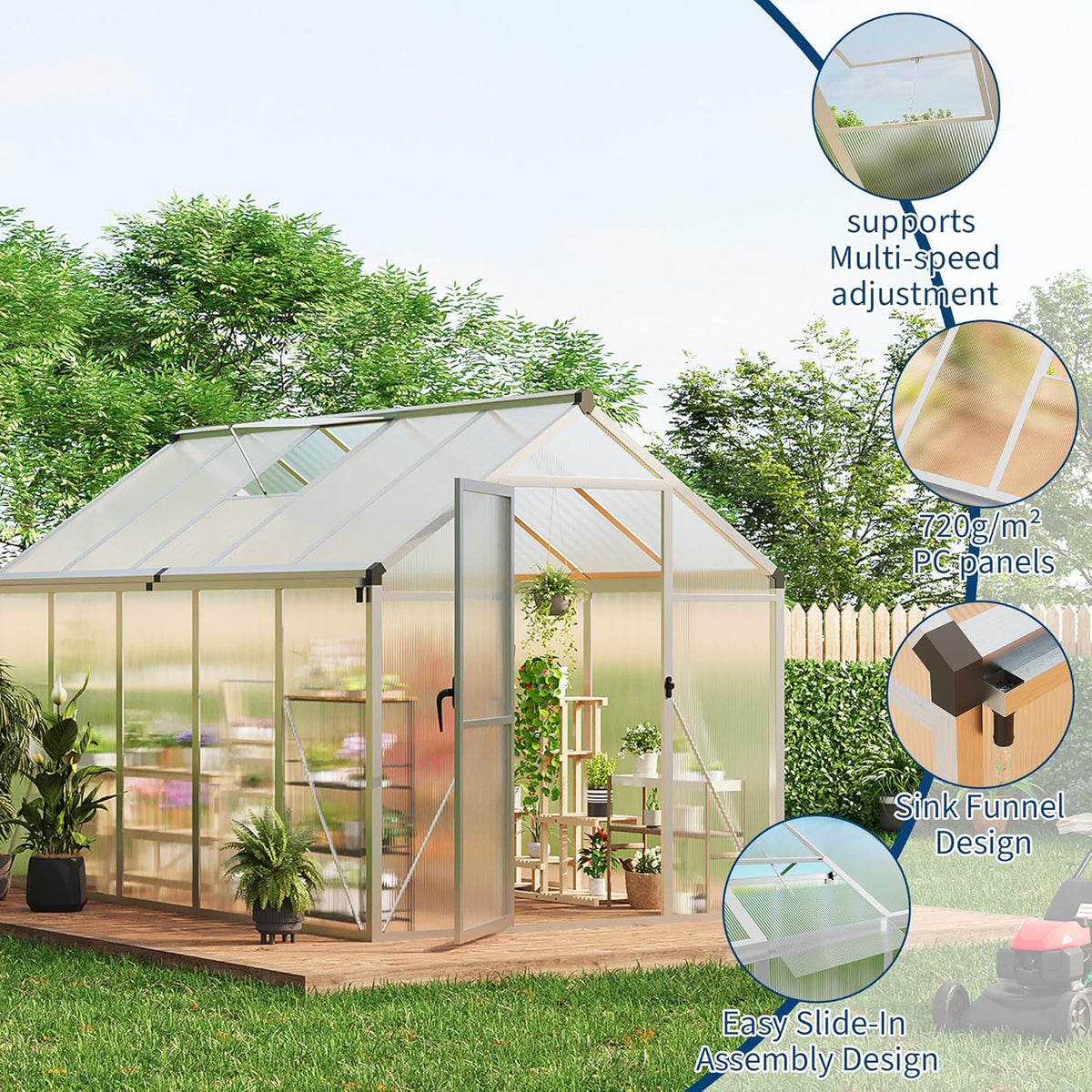 Garvee 6 x 10 ft Green Polycarbonate Greenhouse With Aluminum Frame, Lockable Door And Adjustable Roof Vent