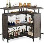 FJU L-Shaped Home Bar Unit With Stemware Racks, 2-Tier Shelves And Footrest - Gray