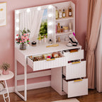 Ktaxon Vanity Makeup Table With Stool, 3-Color Lighted Mirror, 3 Shelves, Drawers, White - 35.43 x 15.55 x 29.53-53.27 in