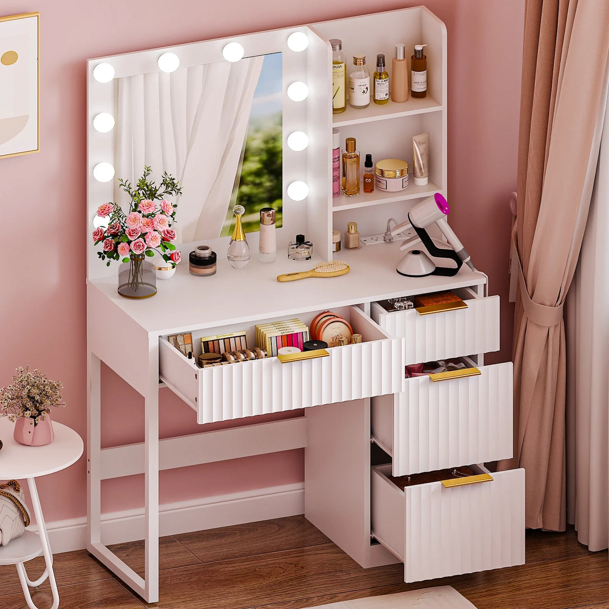 Ktaxon Vanity Makeup Table With Stool, 3-Color Lighted Mirror, 3 Shelves, Drawers, White - 35.43 x 15.55 x 29.53-53.27 in