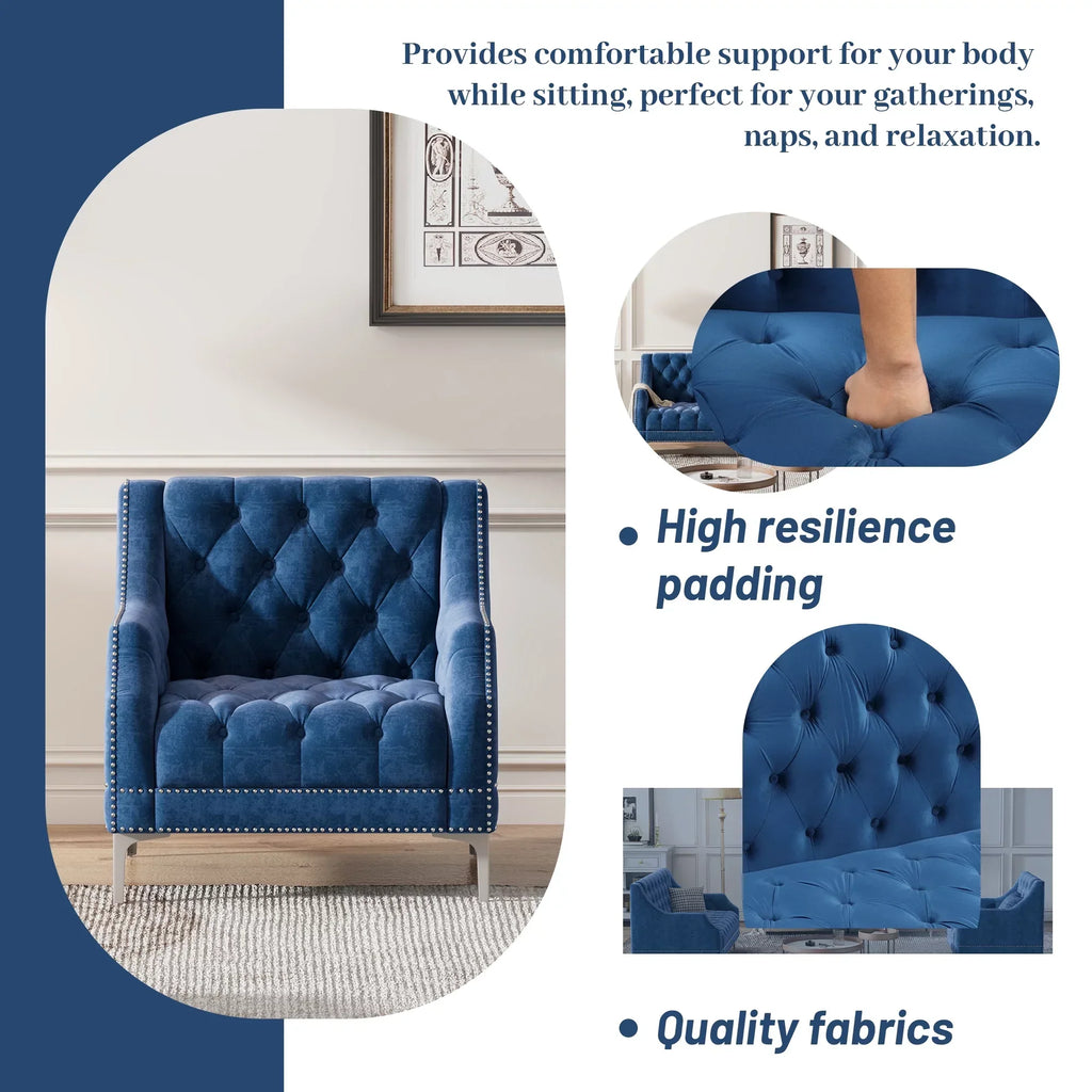 78 inch Dutch Plush Upholstered Chesterfield Sofa With Metal Legs, Button Tufted Back, Blue