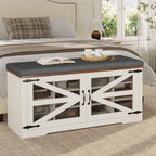 Farmhouse Shoe Storage Bench With Cushion, 31.4in, Metal Barn Door, Old White