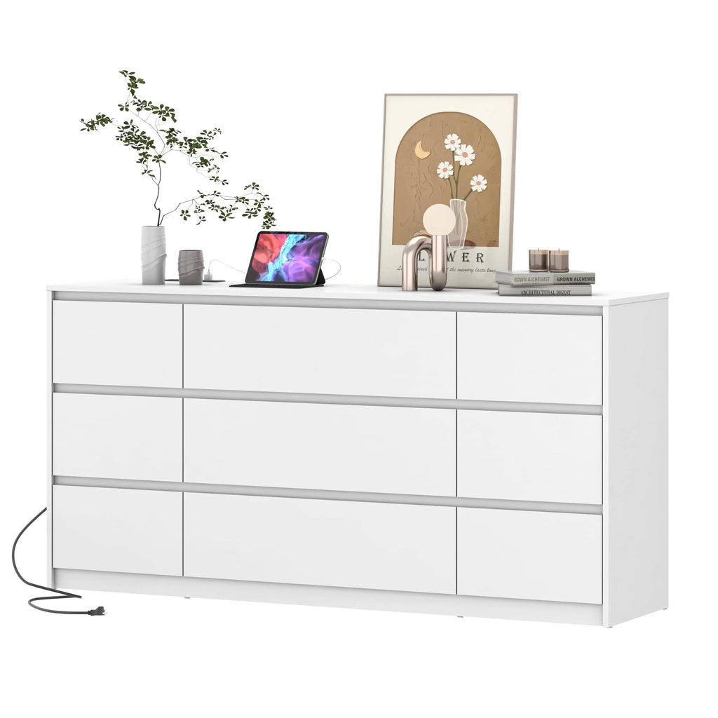 ChVans 9-Drawer Dresser With Charging Station, Black, 63in x 15.7in x 31.5in