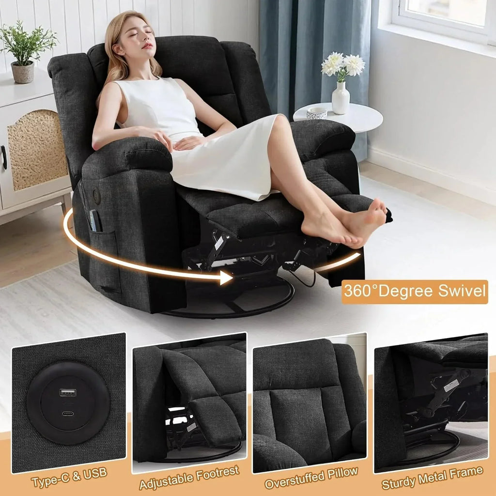 Korser Swivel Rocker Recliner Chair With Massage, Heating, USB Charging And Storage