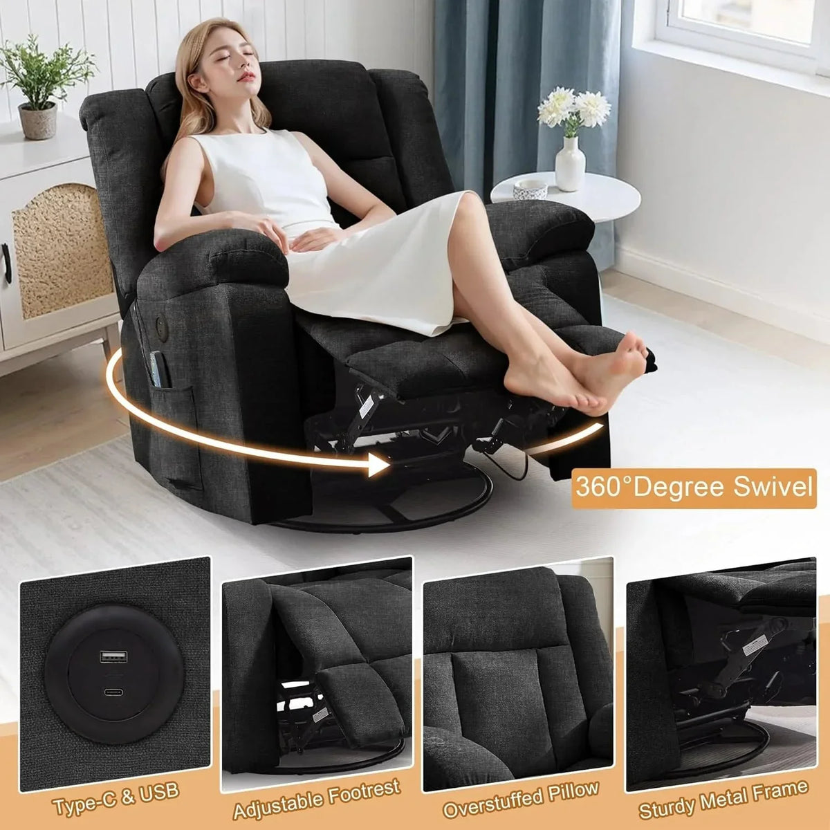 Korser Swivel Rocker Recliner Chair With Massage, Heating, USB Charging And Storage