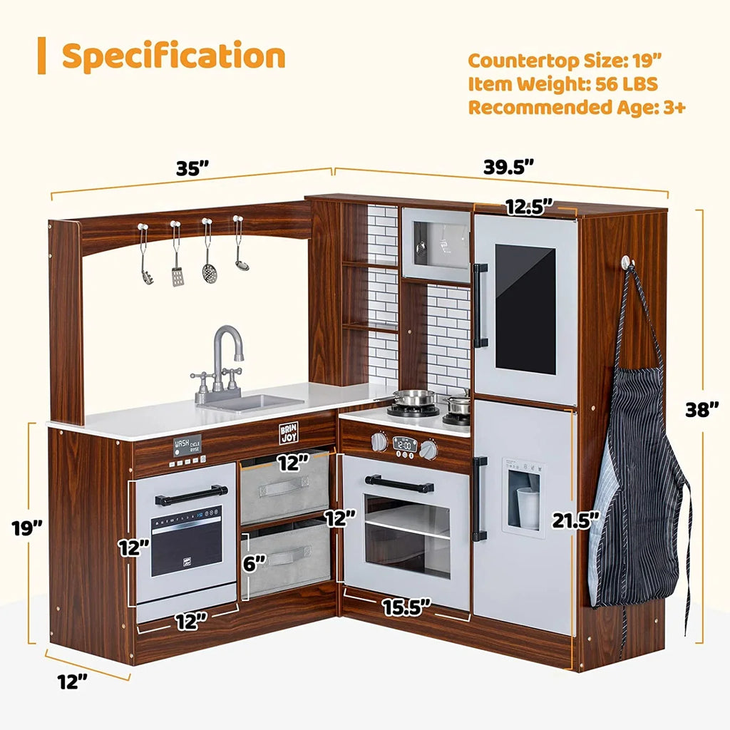 BRINJOY Corner Wooden Kids Play Kitchen With Faucet, Sink, Microwave, Oven, Apron, Blackboard, Sound And Light