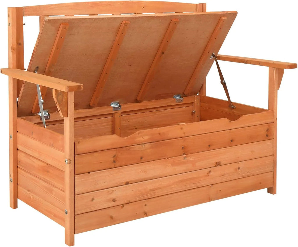Outvita Outdoor Wood Storage Bench Loveseat With Armrests - 2 Person