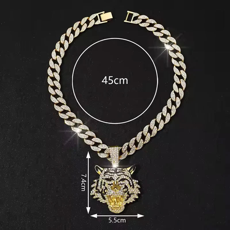 Tiger Head Pendant Necklace With Green Eyes, 13mm Cuban Link Chain, 20in - Gold Or Silvery