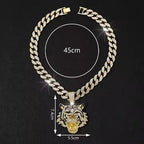 Tiger Head Pendant Necklace With Green Eyes, 13mm Cuban Link Chain, 20in - Gold Or Silvery