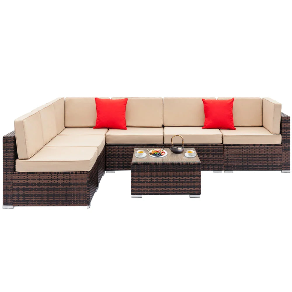 SESSLIFE 7-Piece Wicker Patio Sofa Set With Glass Coffee Table - Brown Rattan Beige Cushions