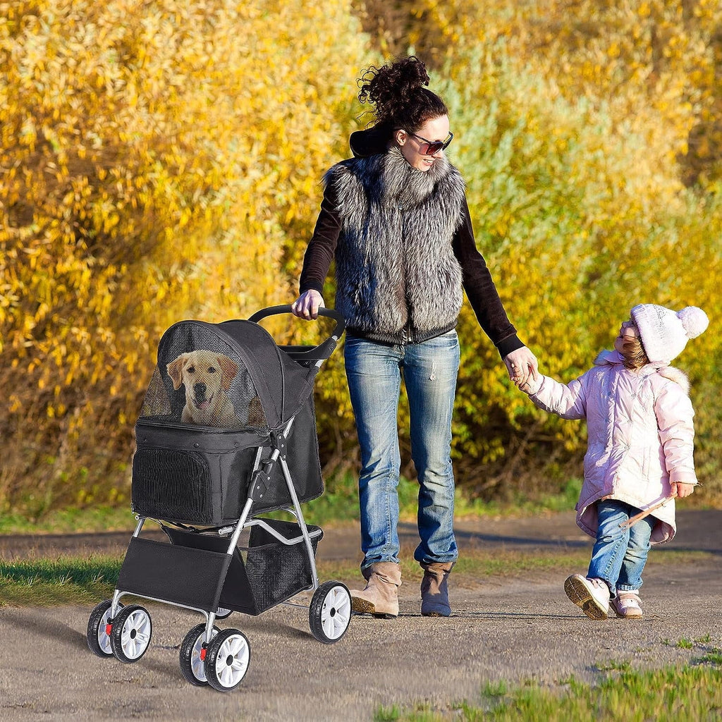Foldable Cat/Dog Pet Stroller With 4 Wheel, Storage Basket, Cup Holder - Black