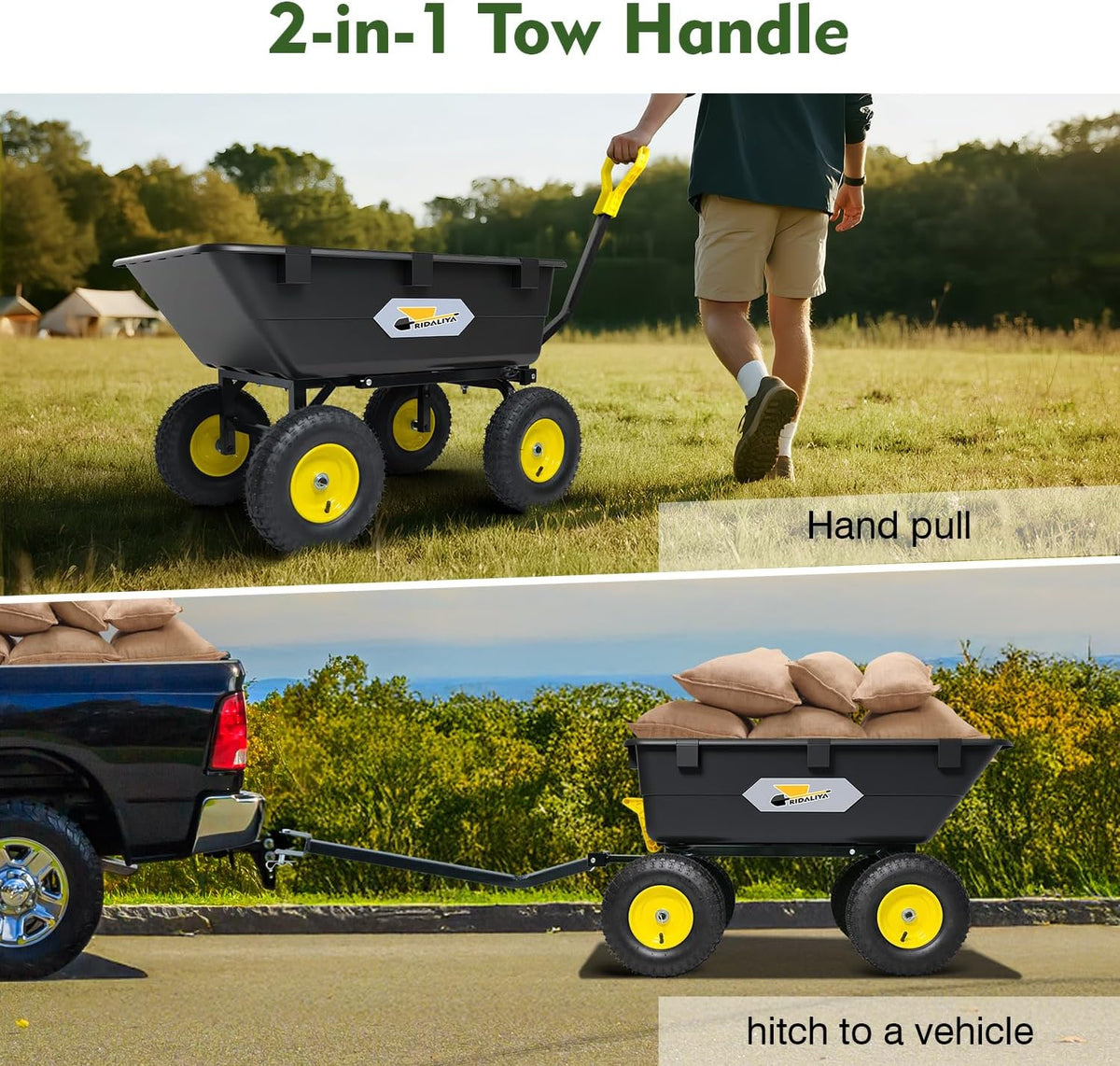 RIDALIYA Garden Dump Cart Utility Wagon, 600 lbs Or 1200 lbs Capacity, 6 Cu Ft Bed, 12.6-inch Pneumatic Tires, 180-Degree Pivot Steering