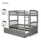 Twin-Over-Twin Bunk Bed With Trundle, Ladder, Safety Rail, 3 Drawers, Plywood, MDF and Pinewood - Gray