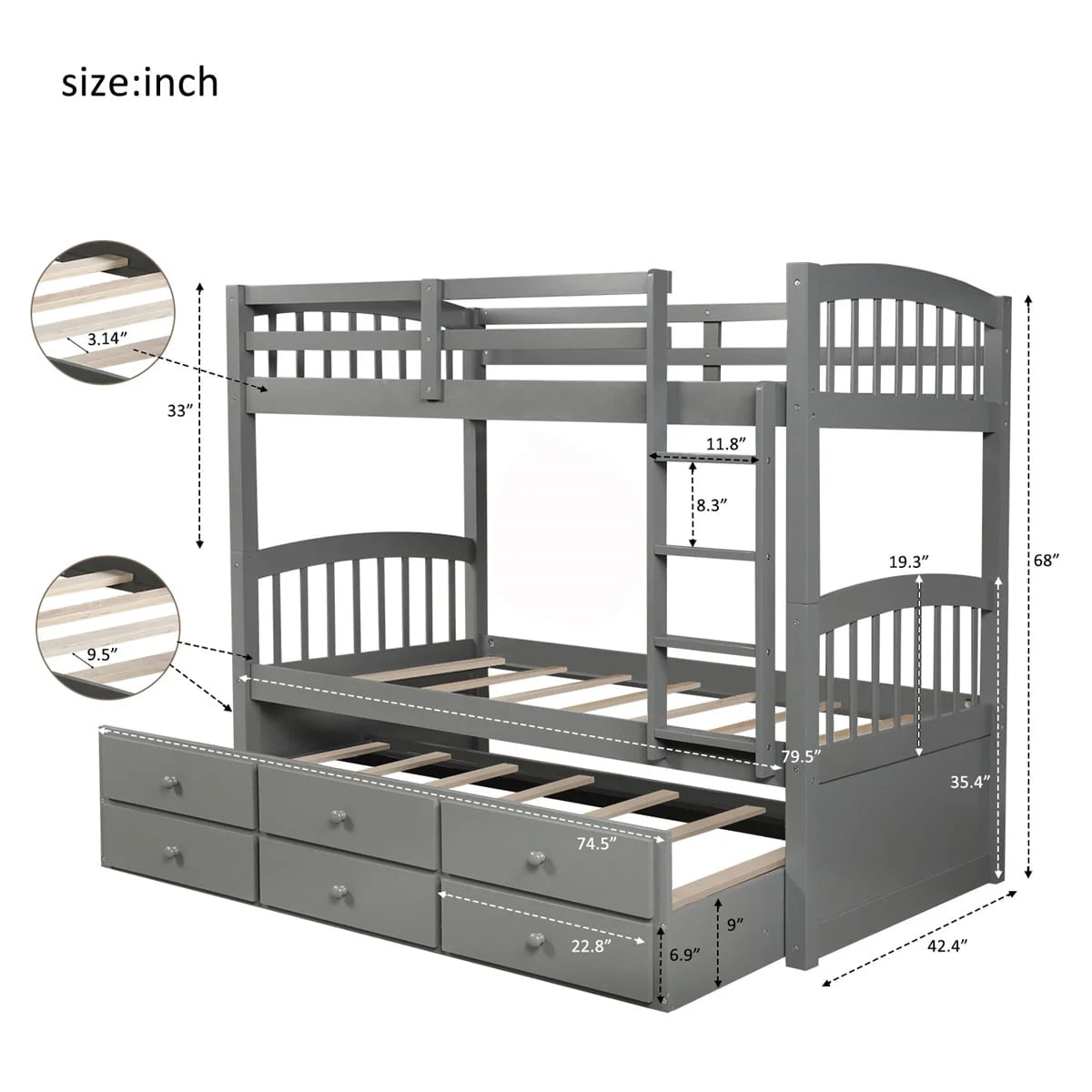 Twin-Over-Twin Bunk Bed With Trundle, Ladder, Safety Rail, 3 Drawers, Plywood, MDF and Pinewood - Gray