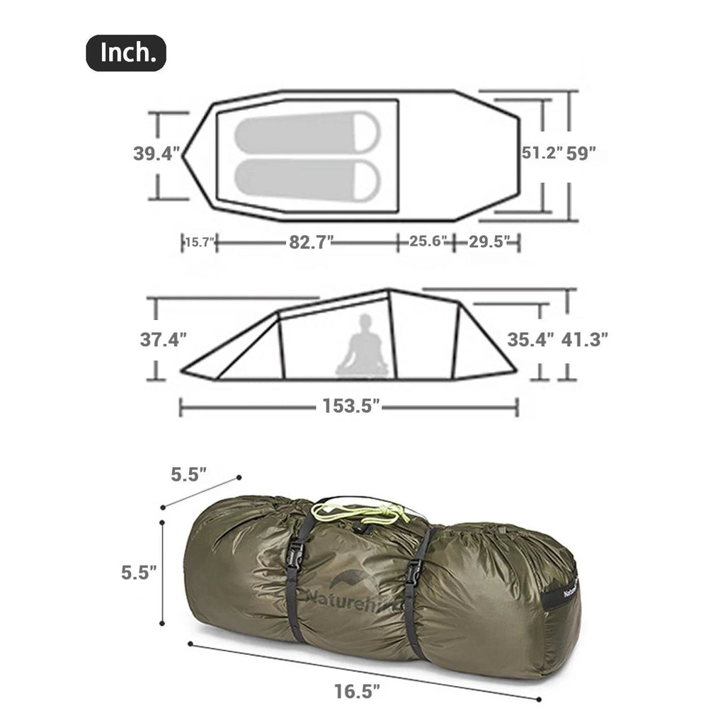 Naturehike Baluosi UL Ultralight Tunnel Hiking Tent, 15D, 2/3 Person, Olive Green - CNK2450WS036