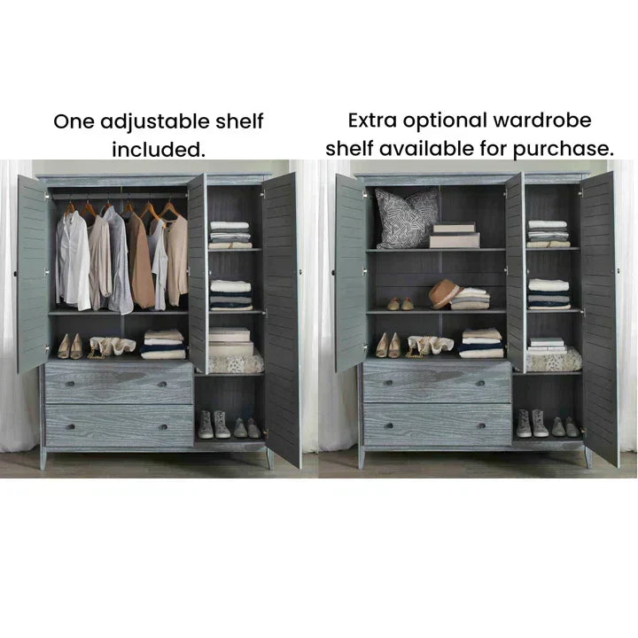 Solid Pine Wood Armoire, 3 Doors, 2 Drawers, 5 Shelves, 73.75 in H x 59.5 in W x 21.5 in D