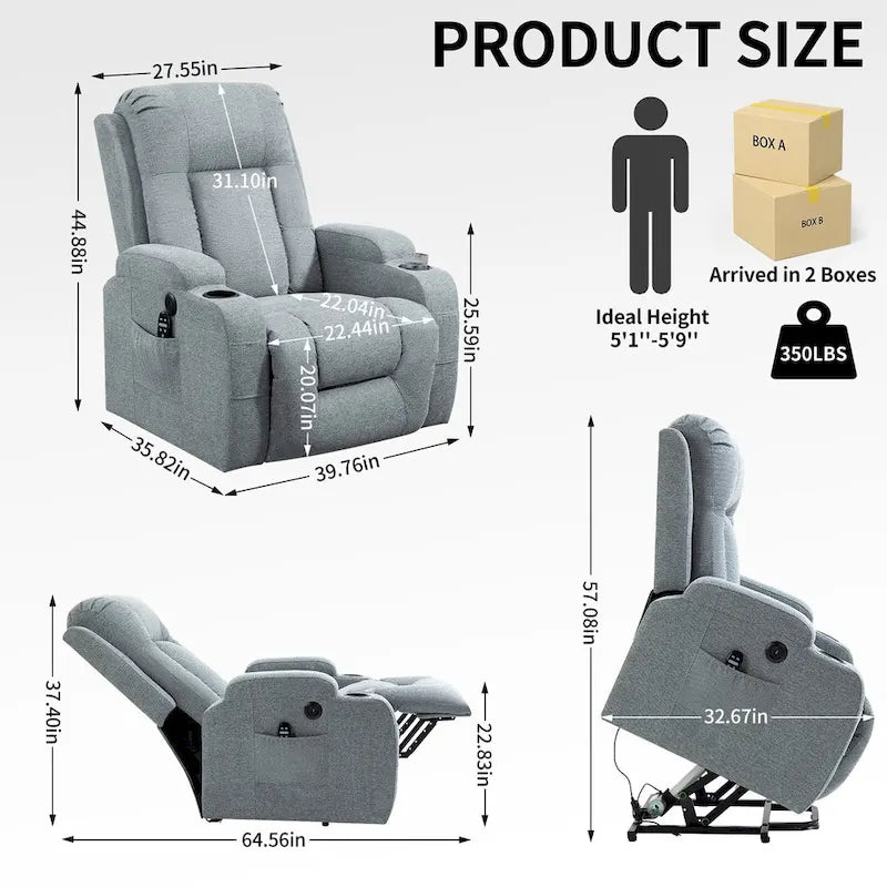 Lazy Boy Power Lift Recliner Chair With Massage, Lumbar Heating, USB Port And Cup Holders - Single Motor