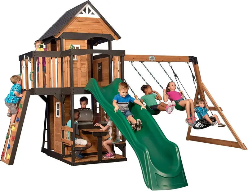 Canyon Creek Cedar Swing Set With 8-Foot Wave Slide - 183 x 188 x 119 Inches
