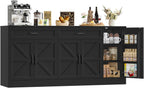 71 Inch Farmhouse Sideboard Buffet Cabinet With Adjustable Shelves And 2 Drawers - Black