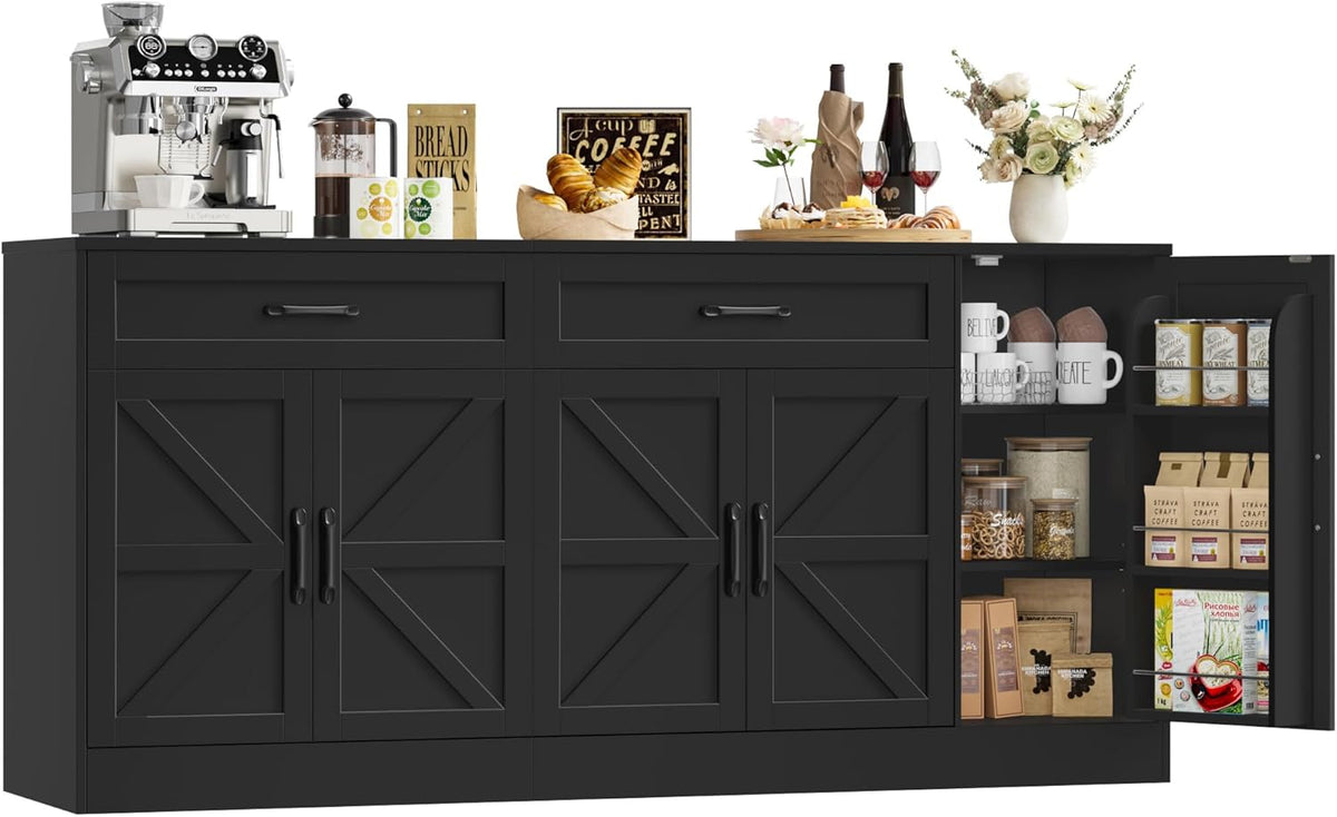71 Inch Farmhouse Sideboard Buffet Cabinet With Adjustable Shelves And 2 Drawers - Black