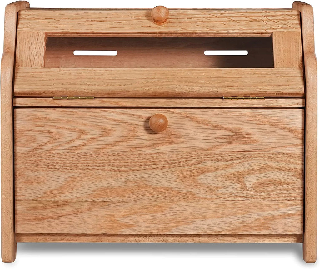 Solid Wood Oak Bread Box, Double Layer, Large Capacity, Clear Window - Nature