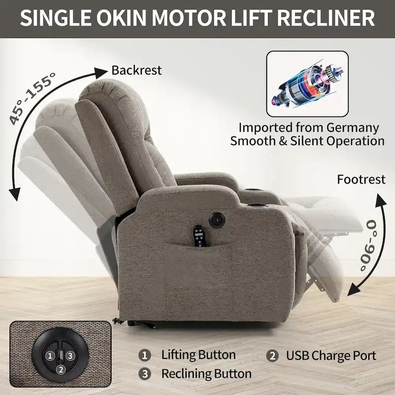 Lazy Boy Power Lift Recliner Chair With Massage, Lumbar Heating, USB Port And Cup Holders - Single Motor
