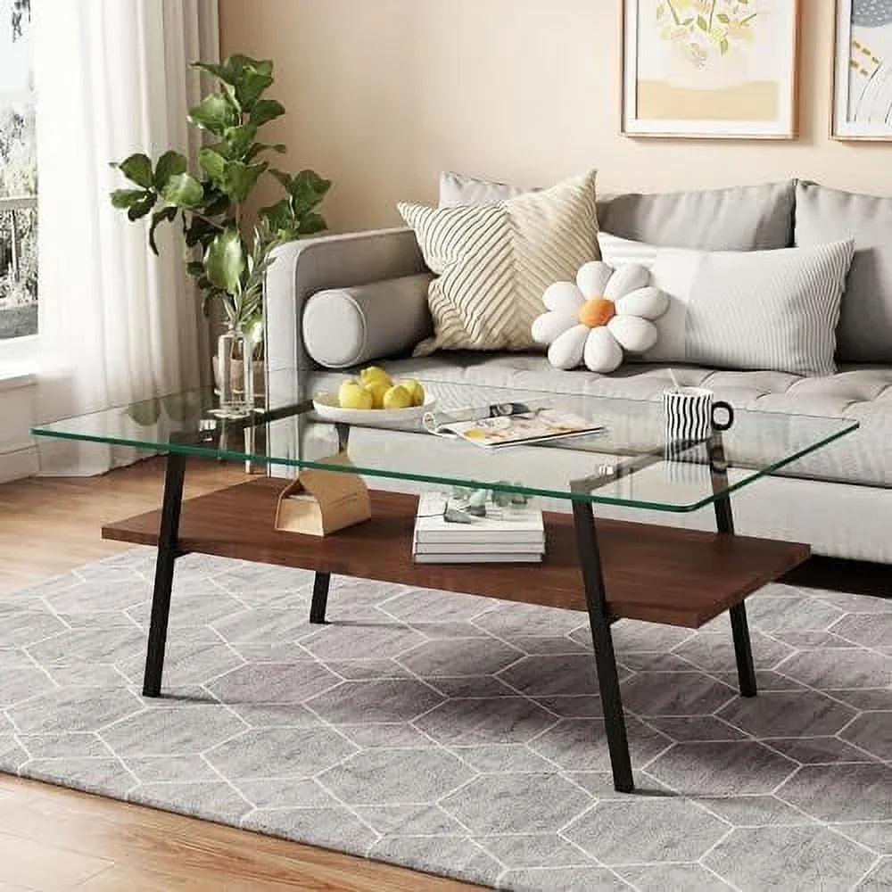 HBBOOMLIFE 2-Tier Rectangular Glass Coffee Table With Tempered Glass Top And Wood Center - Brown Glass/Coffee Brown