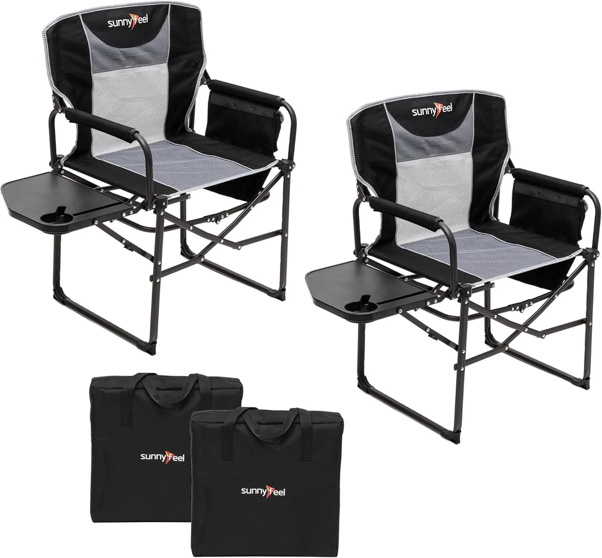 Folding Camping Chairs With Side Tables And Storage Bags - 2 Pcs