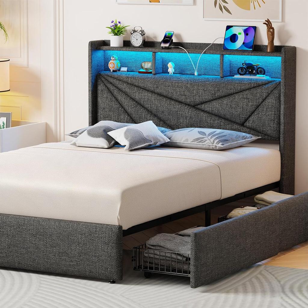 King Size Upholstered Bed Frame With 4 Storage Drawers, Charging Station And LED Headboard - Dark Grey