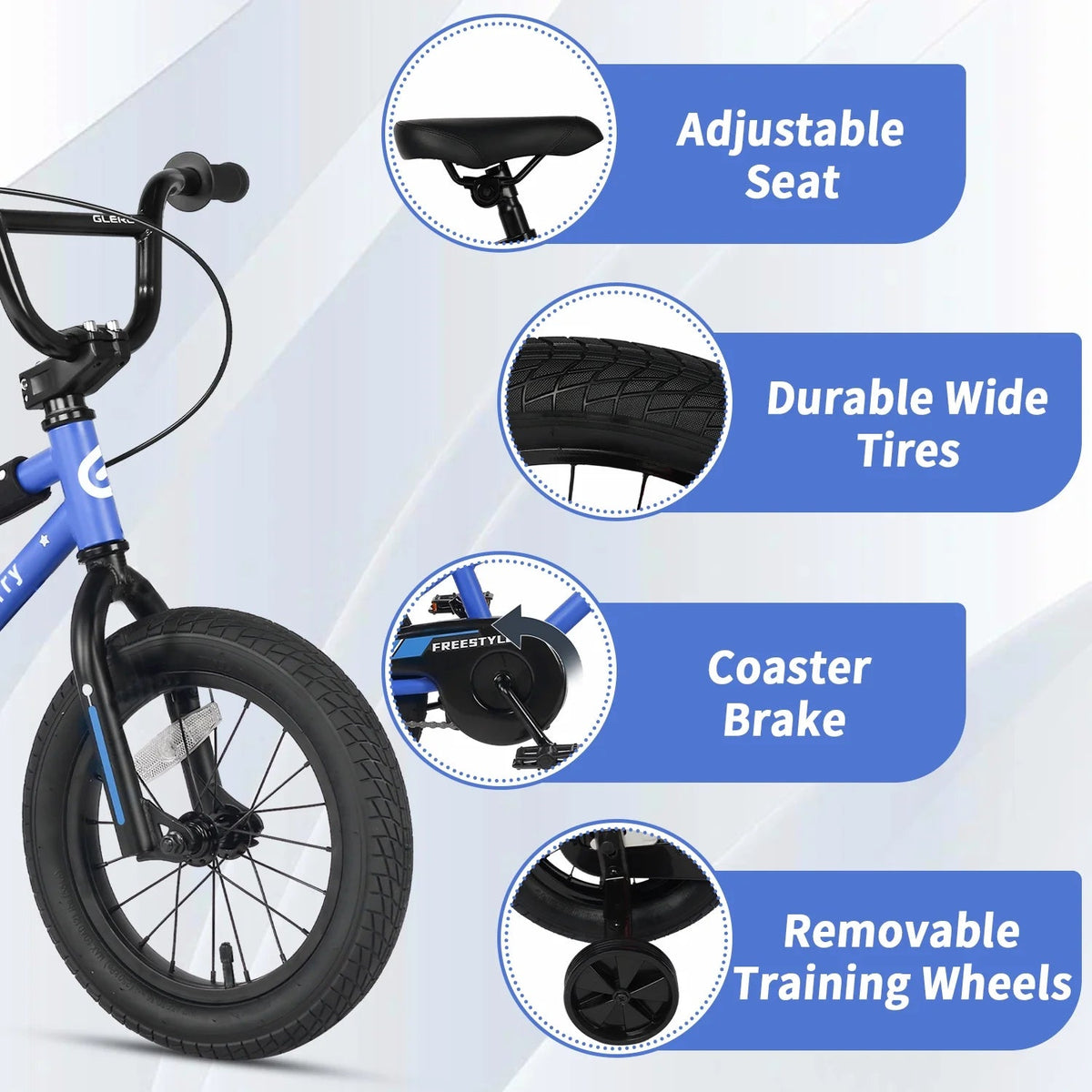 Glerc Kids BMX Style Bicycle 14 Inch Blue With Training Wheels And Coaster Brake