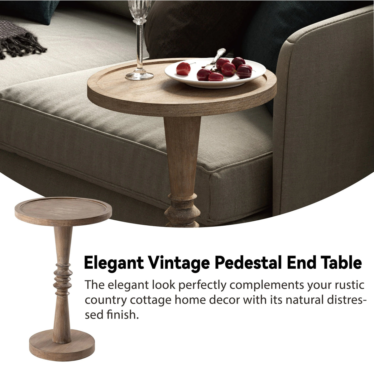 Pedestal End Table With Round Tray Top And Distressed Finish