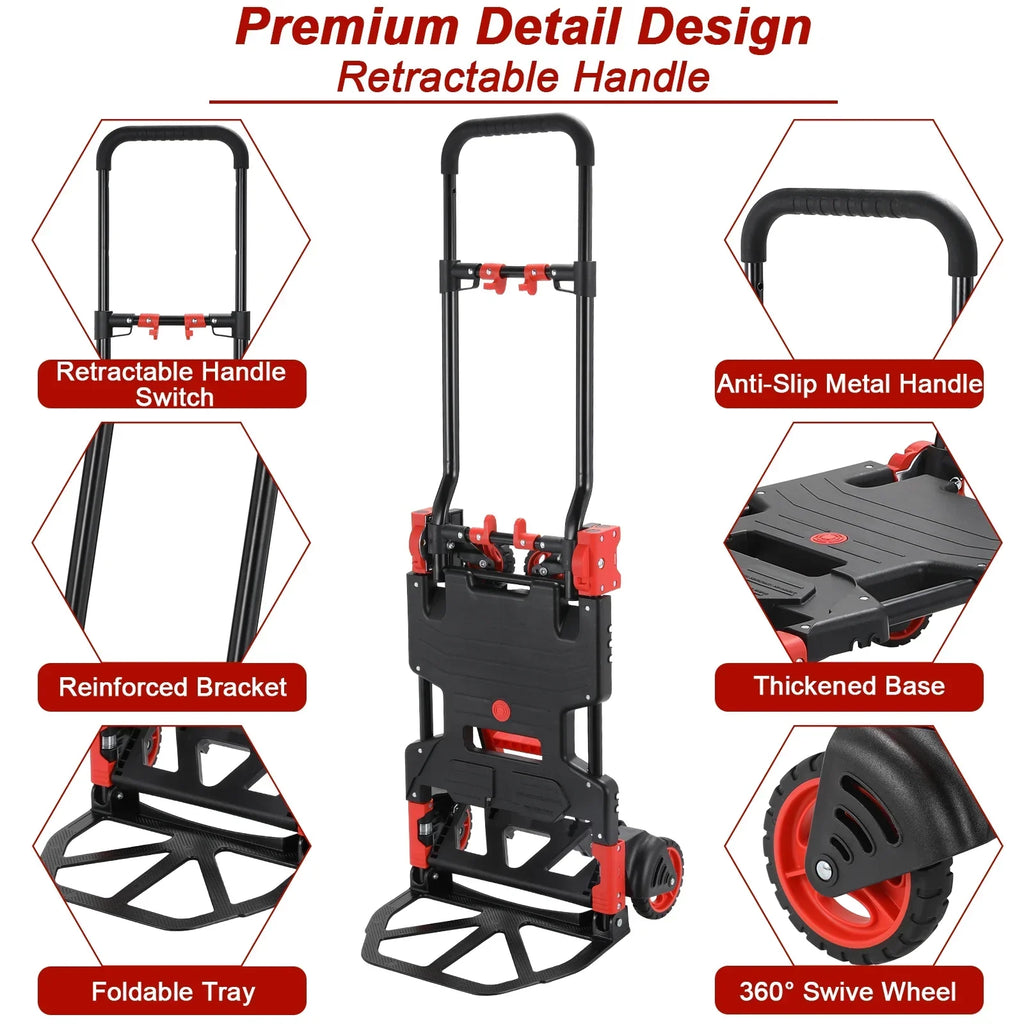 LAZY BUDDY 2-in-1 Folding Hand Truck Dolly With 22 Inch Folding Basket, Red, 330 LBS