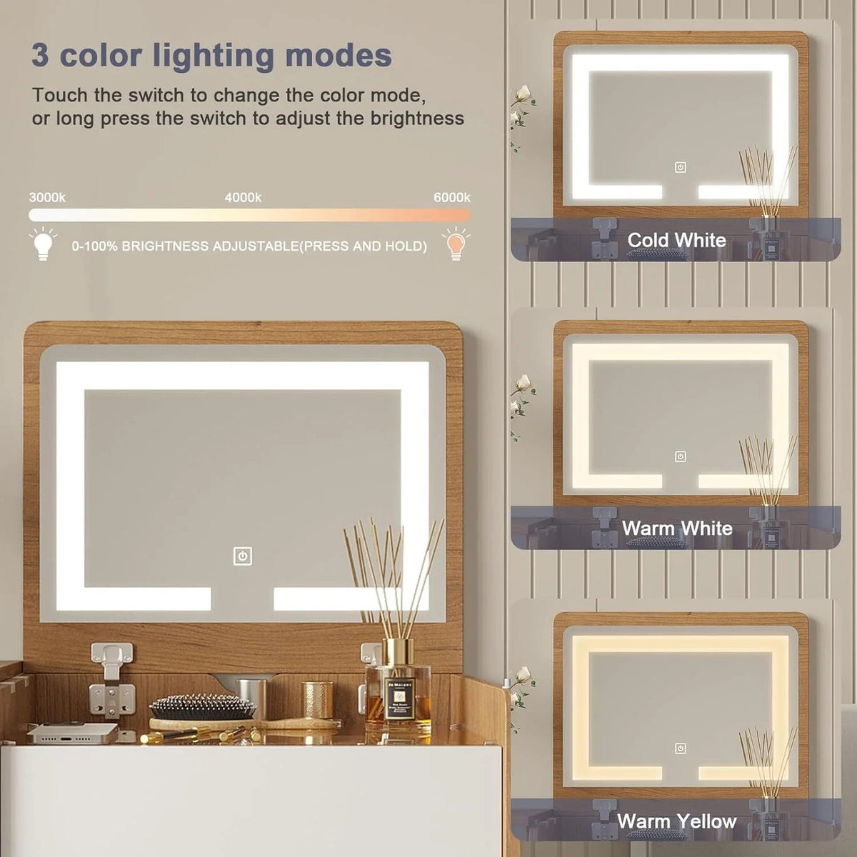 3-in-1 Vanity Desk Set With Flip-Top Lighted Mirror, Storage Stool And 15.7*19.7*31.5 Inches Table