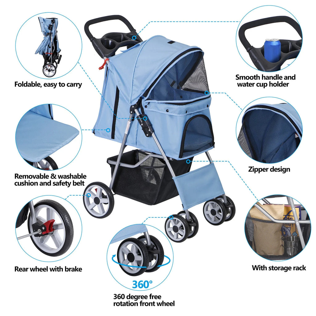 Foldable 4 Wheel Pet Stroller With Cup Holder