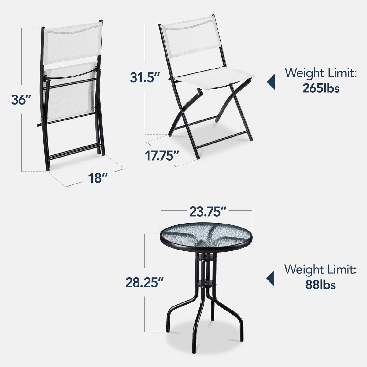 Best Choice Products 3-Piece Patio Bistro Dining Set With Glass Tabletop And Folding Chairs - Gray