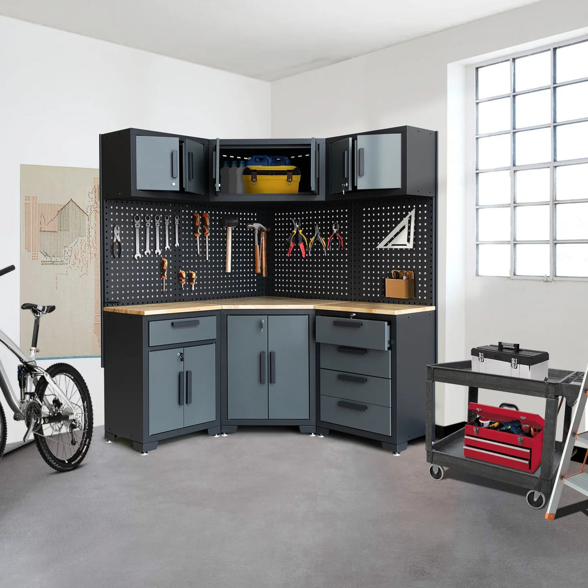 HPDMC 7-Piece Metal Garage Cabinet System With 4-Drawer Roller Cabinet, 47.2 in Workbench And Pegboards