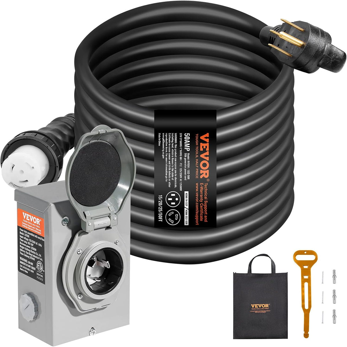 VEVOR 50 Amp Generator Cord And Power Inlet Box Kit, 50-Foot, NEMA 14-50P/SS2-50R, 6/3+8/1 AWG