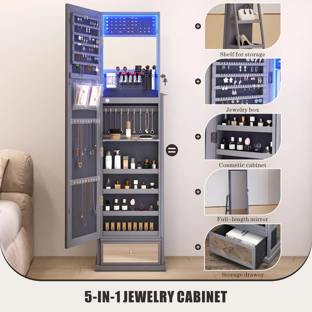 FREDEES Standing Jewelry Cabinet With Full-Length Mirror, Lights, Engineered Wood, Gray, 14 in D x 15 in W x 64 in H