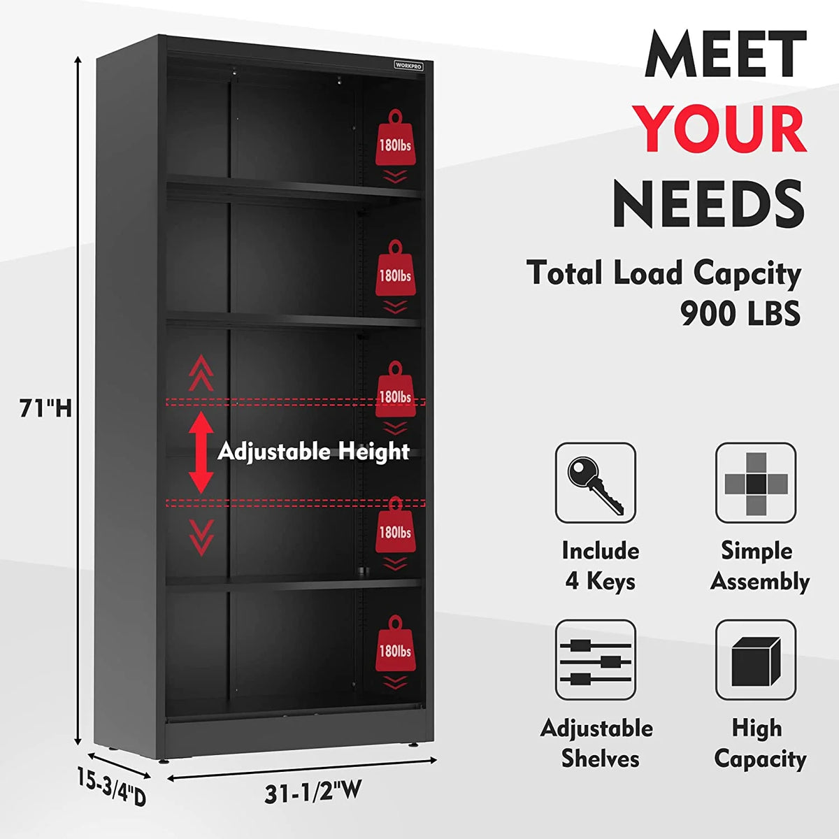 WORKPRO Metal Storage Cabinet With Locking Doors, Adjustable Shelves, Black, 71 Inches Tall - 31-1/2 x 15-3/4 Inch