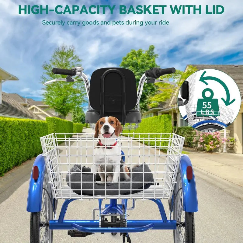 26-Inch Adult Tricycle - 7-Speed Heavy-Duty 3-Wheeled Bicycle