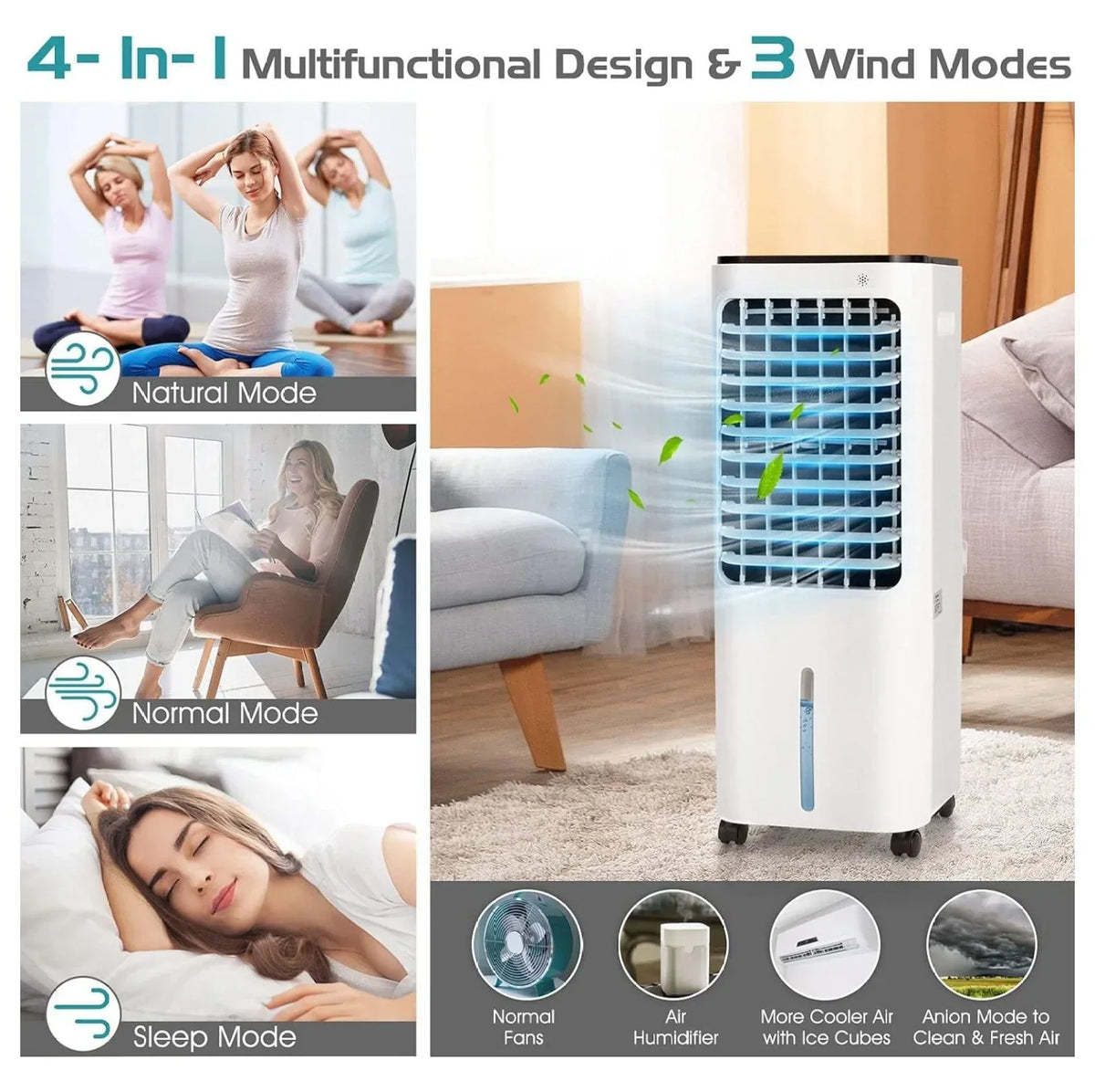 Bladeless Evaporative Cooler, 12L, 4 Ice Packs, 4 Modes, 3 Speeds, 7.5H Timer, White