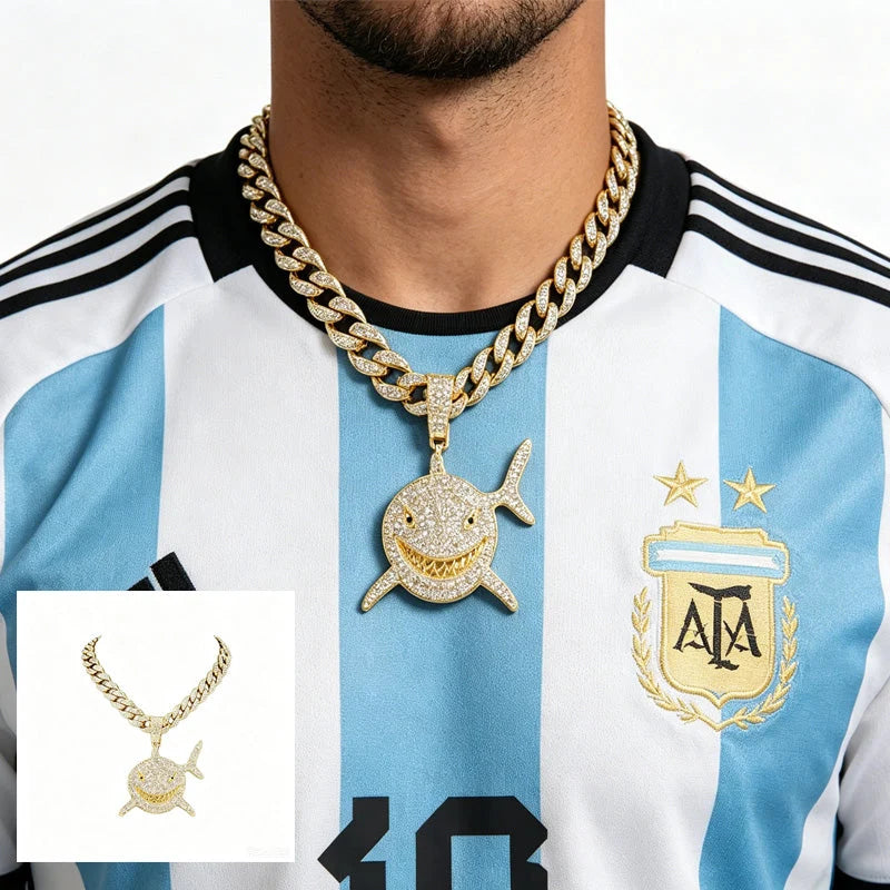Shark Pendant Necklace With 20in Cuban Link Chain, 13mm Width