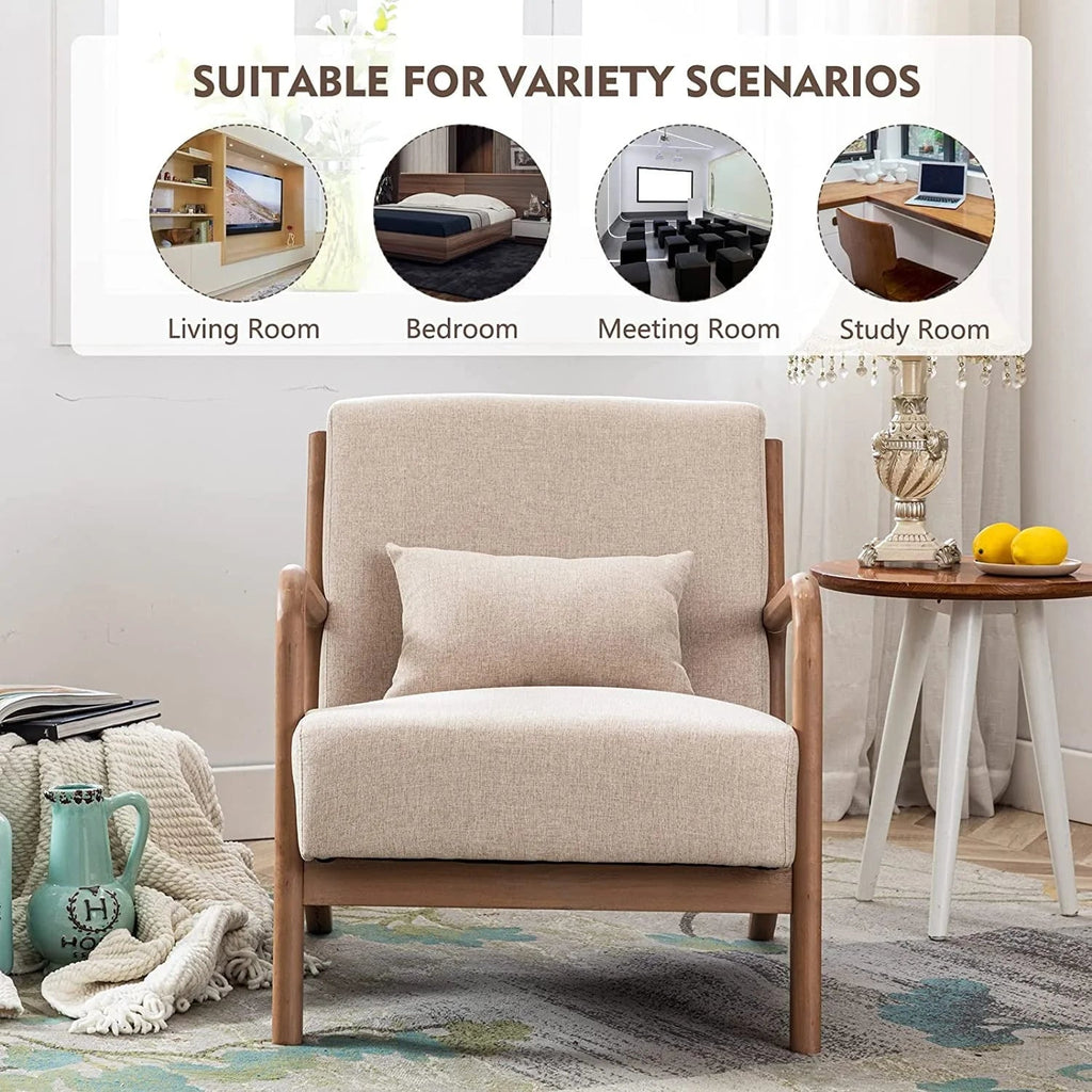 Bonzy Home Mid-Century Modern Fabric Accent Chair With Solid Wood Frame, Beige