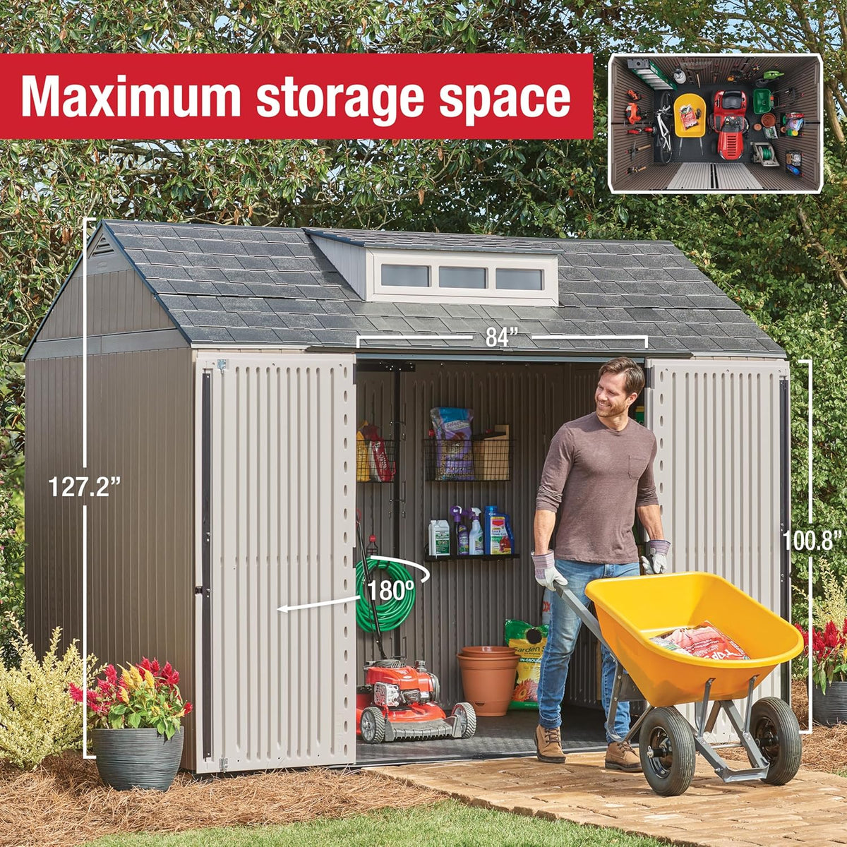Rubbermaid Resin Outdoor Storage Shed With Floor, 7x7 ft, Gray