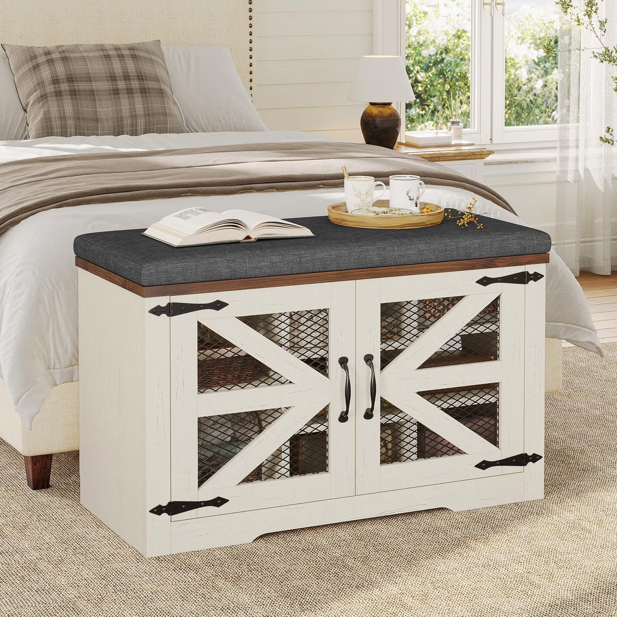 Farmhouse Shoe Storage Bench With Cushion, 31.4in, Metal Barn Door, Old White